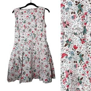 GAP Floral Fit Flare Dress White Pink 4 Pockets Sleeveless Spring Garden Cottage